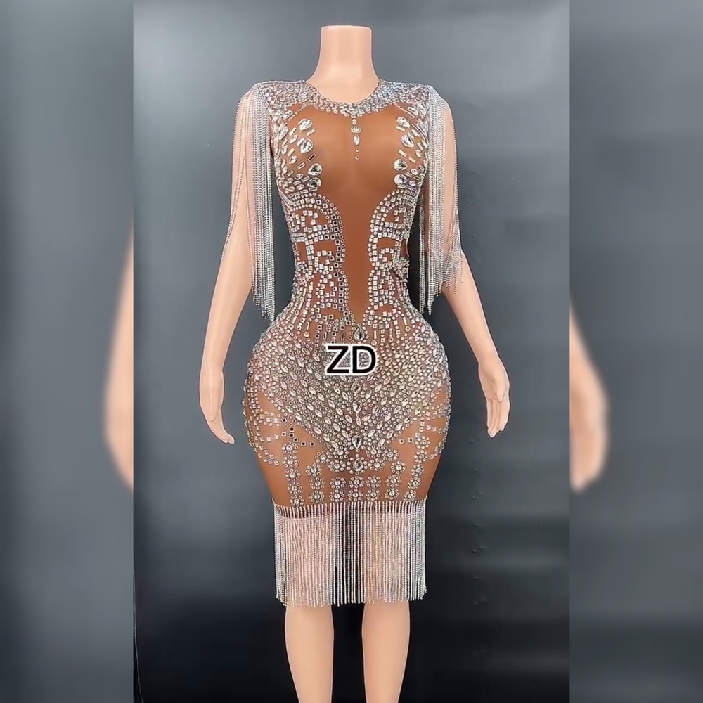 Sparkly diamond tassel mesh dress
